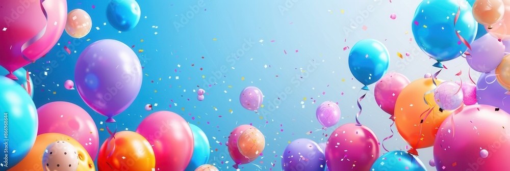 Poster a bright and cheerful background image featuring a variety of colorful balloons and confetti, perfec