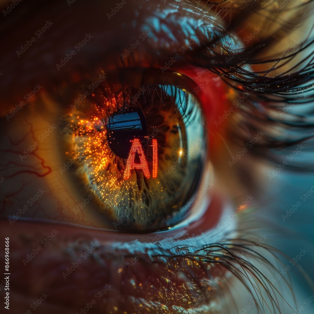 Poster glowing red and yellow eyeball with the letters ai. generative ai.