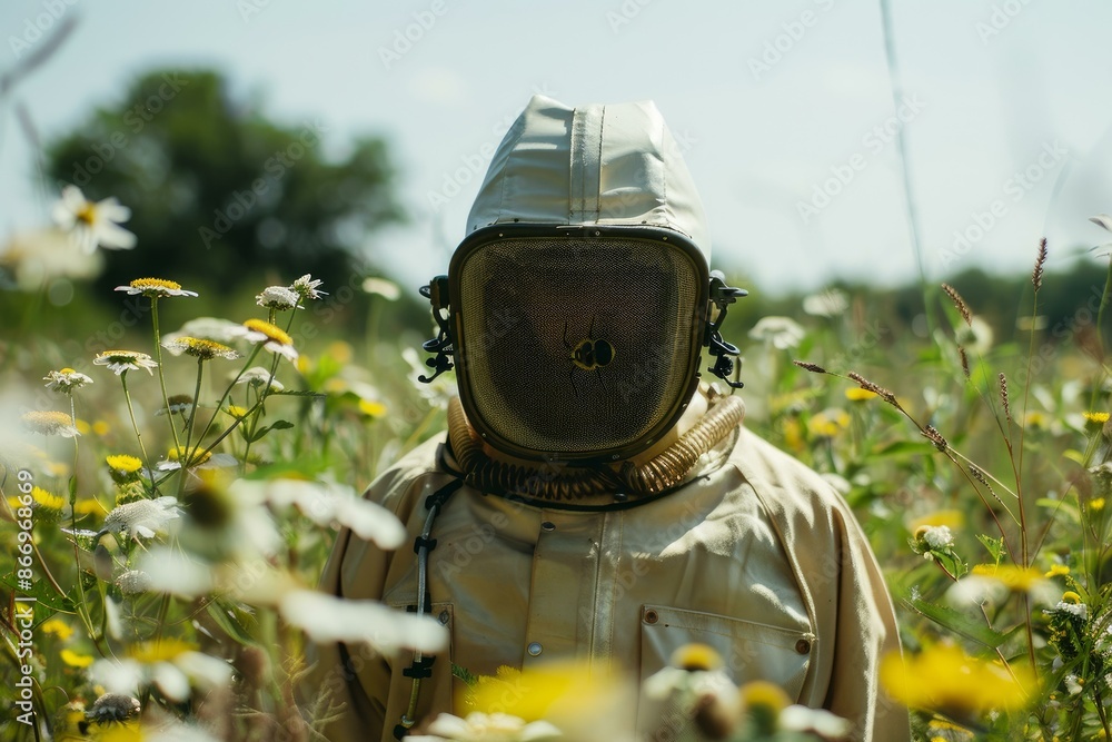 Wall mural beekeeper is standing in a field of flowers while wearing a protective suit