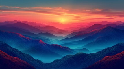Obraz premium Sunset over mountain range with colorful sky, panoramic view. Natural beauty and landscape photography concept