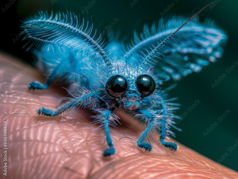 Canvas Prints A stunning close-up of a tiny blue lacewing perched on a finger. AI.