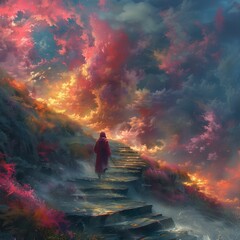 Fototapeta premium AI illustration of a person in a red cloak ascending stone steps into a vibrant, mystical sky