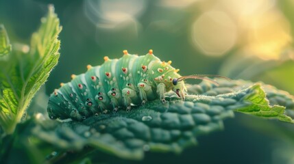 Naklejka premium A green caterpillar is eating a leaf. AI.