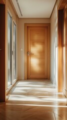 Wooden door with sunlight shining through the windows. AI.