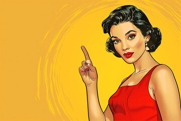 Obraz premium comic pop art style, a woman in a red dress pointing at her open hand with an empty space for text or product, against a yellow background, 