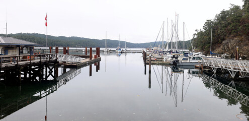 Morning at tranquil marina on Northwest island