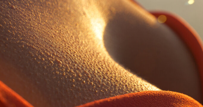 MACRO, DOF: Shivering female skin with goosebumps in beautiful golden sunlight