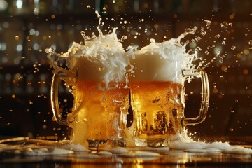 Two beer mugs clinking together with beer splashing out celebrating at the pub