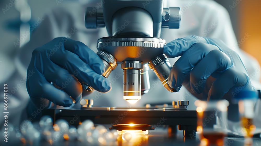 Poster Close-Up of a Scientist Adjusting a Microscope in a Laboratory