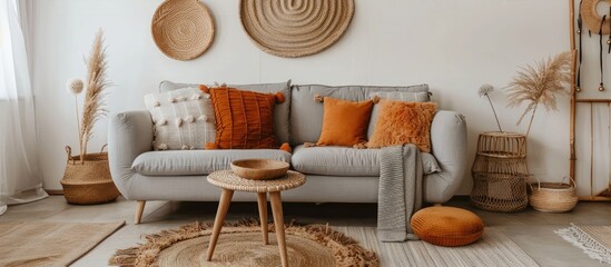 Modern Bohemian Living Room Decor with Gray Sofa, Wooden Coffee Table, Rattan Basket, and Stylish Personal Accents