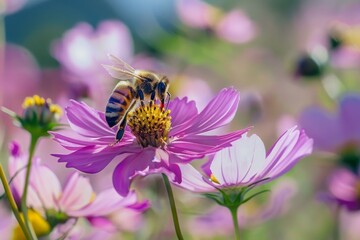 Honey bee gathering pollen on a purple cosmos flower in a field of flowers