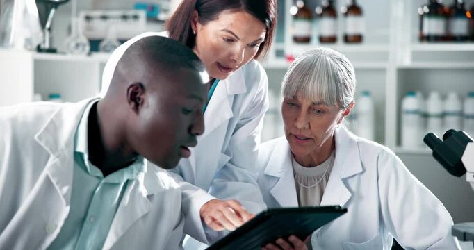Scientist, people and teamwork on tablet for laboratory research, results and checklist with mentor or professor. Science students or expert in biotechnology with microscope for medicine development