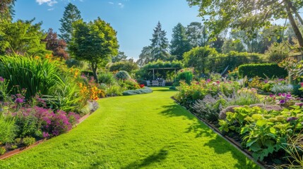 Obraz premium A serene view of a well-maintained English garden with lush greenery, vibrant flowers, and a shaded seating area