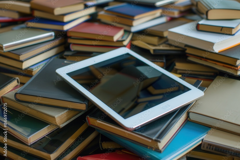 Leinwandbilder a white tablet computer rests on a stack of various books, symbolizing the shift towards digital lea