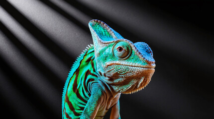 Fototapeta premium Colorful chameleon animal lizard reptile whimsical colors backdrop contrasting dark background, illustration poster wallpaper