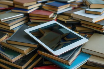 A white tablet computer rests on a stack of various books, symbolizing the shift towards digital learning and online education. Generative AI