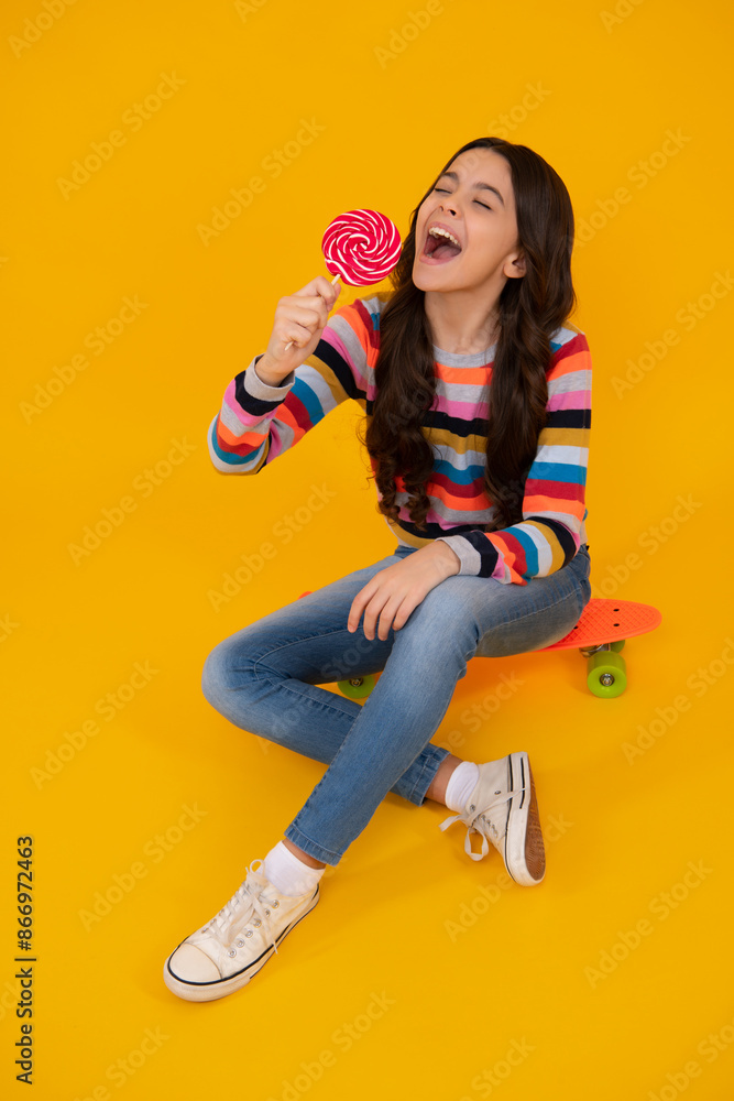 Sticker amazed teenager. teenager girl with caramel candies on sticks, sweet sugar addiction. child with lol