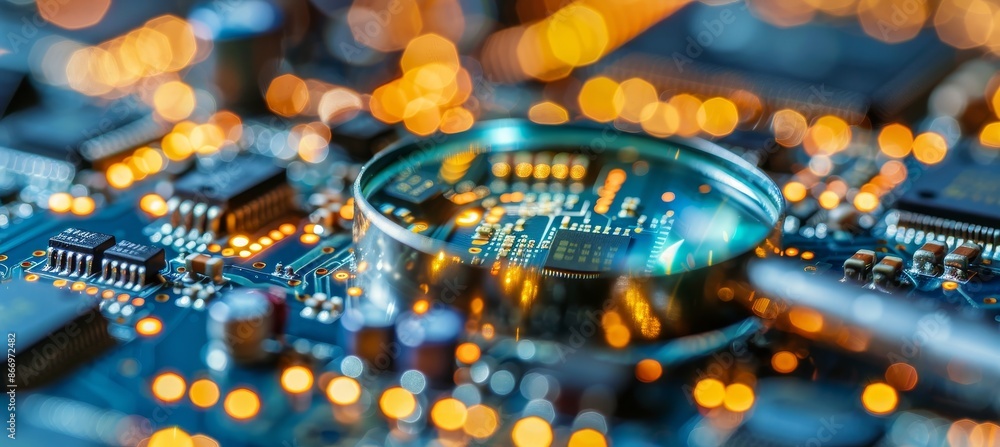 Poster close up of computer microchips under magnifying glass with space for text, detailed view