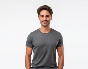 Fototapeta premium portrait of a man wearing grey t-shirt on white background