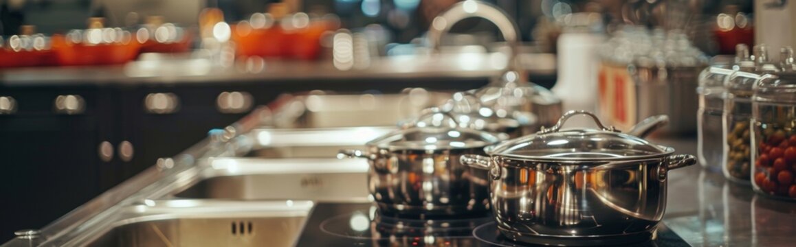 Modern kitchen with stainless steel cookware