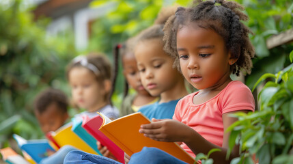 National Book Lovers Day. Children reading books at park. Children sitting in rows and reading books at the park, back to school or education learning background. Copy space