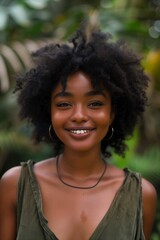 Fototapeta premium Portrait of Smiling Young Black Woman with Natural Hair and Nose Ring in Tropical Setting. Generative AI.