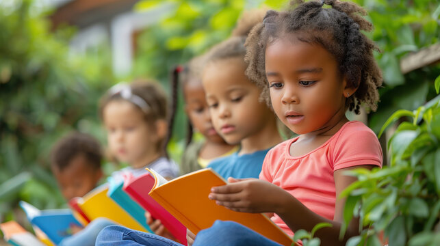 National Book Lovers Day. Children reading books at park. Children sitting in rows and reading books at the park, back to school or education learning background. Copy space