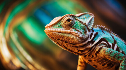 Fototapeta premium A Closeup of Colorful chameleon animal lizard reptile whimsical colors backdrop colorful blurry background, illustration poster wallpaper