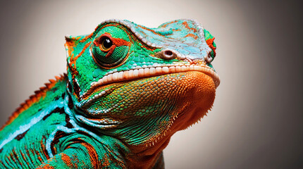 Obraz premium A Closeup of Colorful chameleon animal lizard reptile whimsical colors backdrop colorful blurry background, illustration poster wallpaper