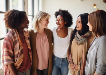 Fototapeta premium A diverse group of women smiling and enjoying each other's company outdoors, capturing a moment of friendship and joy