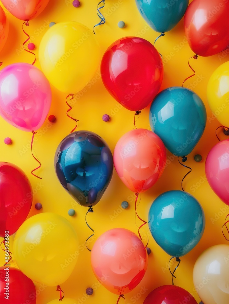 Poster a cheerful collection of colorful balloons in various shapes adorn a yellow background, creating a f