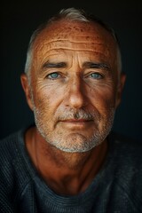 Portrait of a Mature Man with Freckles and Intense Blue Eyes Against a Dark Background.