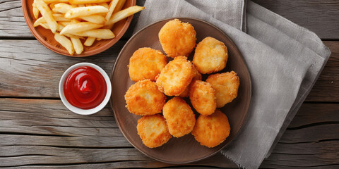 Delicious Plate of Chicken Nuggets and French Fries on a Wooden Table Shot From Above