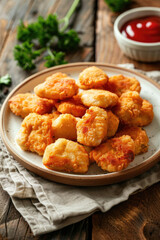 Delicious Plate of Chicken Nuggets and French Fries on a Wooden Table Shot From Above