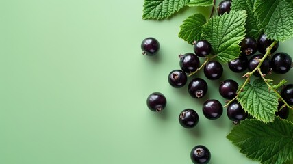 Blackcurrants with green leaves on light background