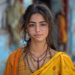 Portrait of a Young Indian Woman in Traditional Attire with Glasses and Yellow Saree. Generative Ai.