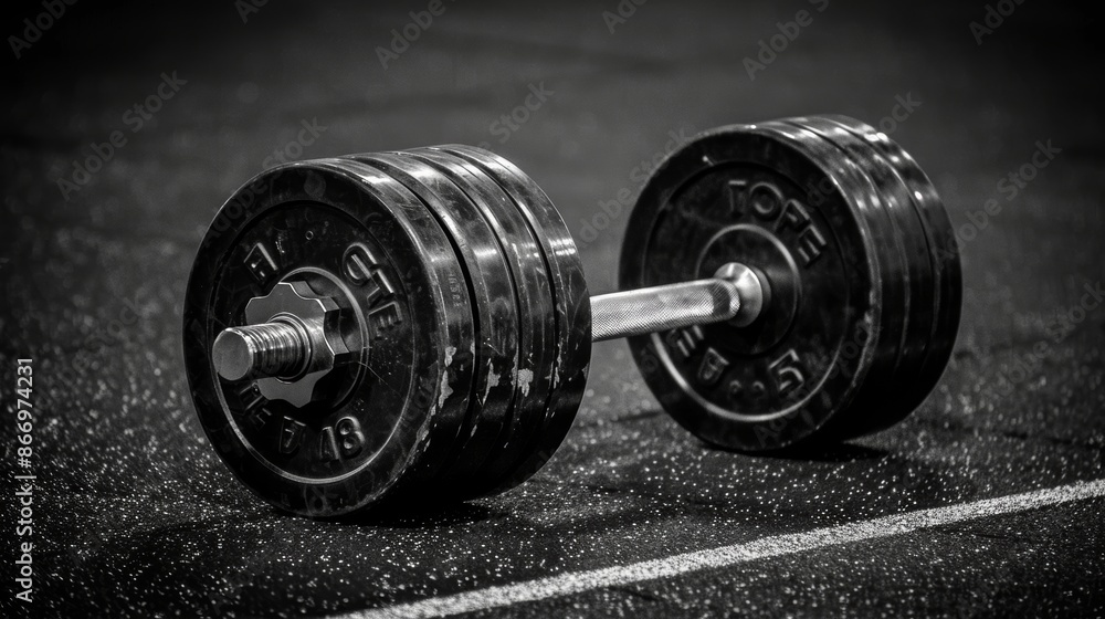 Poster close up of shiny dumbbell with meticulously arranged weight plates for optimal display