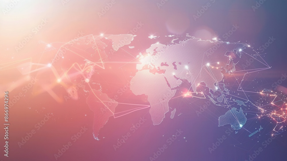 Poster a minimalist world map with highlighted routes on a pink and purple gradient background. generative 