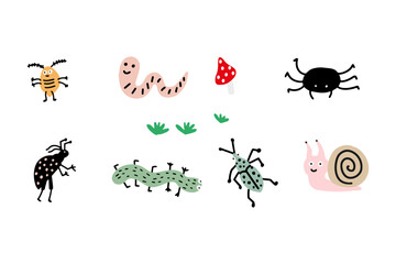 Colorful insects, beetle, and bugs in doodle style. Vector illustration