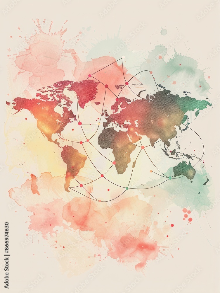 Aufkleber a minimalist watercolor illustration depicting a world map with highlighted routes, representing tra