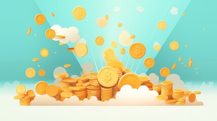 Digital Wealth: Pile of Bitcoins Rising from Cloud Layers