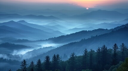 A mountain range with a blue sky and a sun in the background. The mountains are covered in trees and the sky is hazy