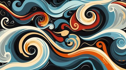 Abstract background with swirling waves and swirls in blue, yellow, red, green, white and black color. Design for wall mural wallpaper print, poster artwork print, banner template
