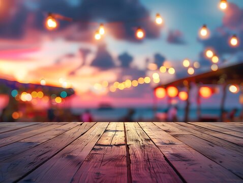 Wooden Planks Against a Blurry Sunset Beach Scene