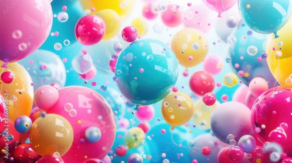 Poster A vibrant and colorful background featuring a variety of balloons in various shapes, creating a festive and celebratory atmosphere perfect for parties and special events. Generative AI