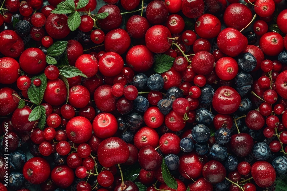 Poster scattering of freshly picked red cherries and blueberries creating a colorful and delicious display