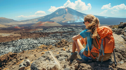 Fototapeta premium A young woman hiker sits on a rocky outcropping, gazing at a stunning volcano in the distance. The scene is bathed in bright sunlight, with a clear blue sky overhead