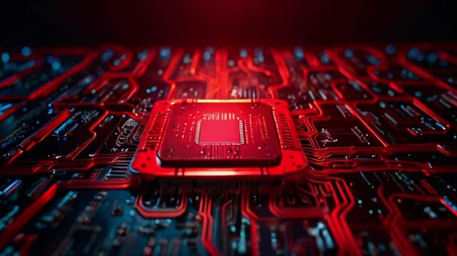 A close up of a glowing red computer processor on a circuit board with blue lights.