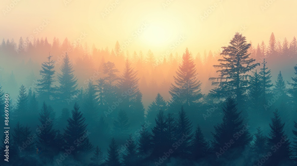 Poster A scenic image of a forest bathed in the soft glow of dawn, with a mystical layer of mist adding depth and serenity. Generative AI