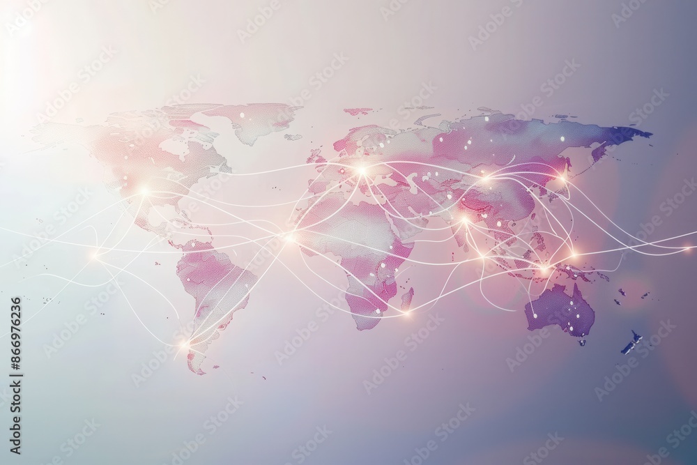 Poster A minimalist background featuring a world map with highlighted routes, representing global travel and booking services. Generative AI
